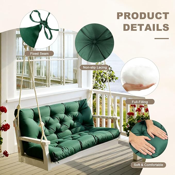 Porch Swing Cushion with Backrest,Waterproof Bench Cushion for Outdoor Furniture,2-3 Seater Replacement Thickened Swing Cushion with Ties,Patio,Outdoor,Backyard and Garden (Dark Green,47x40)