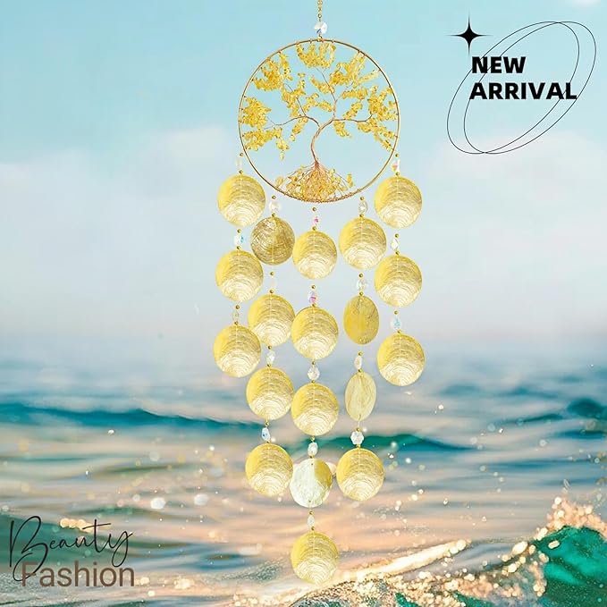 Gold Crystal Tree of Life Dream Catcher Suncatcher Capiz Shell Wind Chime Seashell Ceiling Cottage Core Decor Unique Indoor Outdoor Handmade for Women