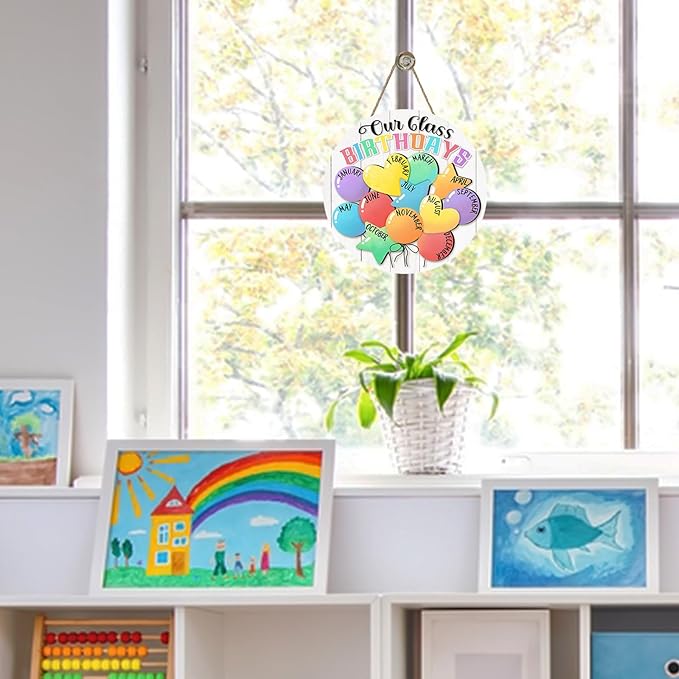 Our Class Birthdays Front Door Sign, Colorful Month Balloons Back to School Wood Hanger Kids Nursery Classroom Home Decor, Farmhouse Wooden Wreath Indoor Kindergarten Wall Hanging Decoration