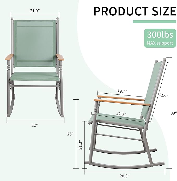 JY QAQA Outdoor Rocking Chair Set of 2, High Back All-Weather Patio Rocking Chairs with Breathable Back Rest for Adult, Ergonomic Design Porch Chairs for Porch, Garden, Balcony, Pool, Green