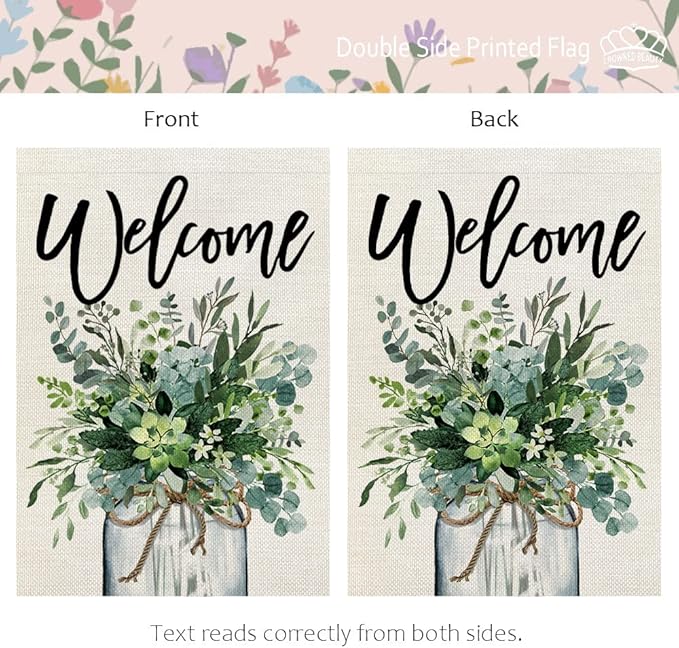 CROWNED BEAUTY Spring Eucalyptus Mason Jar Garden Flag 12x18 Inch Double Sided for Outside Welcome Burlap Small Yard Flag Green