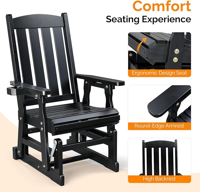 VINGLI Outdoor Glider Chair Wood Patio Glider with Cup Holder, Porch Glider with Smooth Rocking Mechanism, Heavy Duty 600 LBS, Black