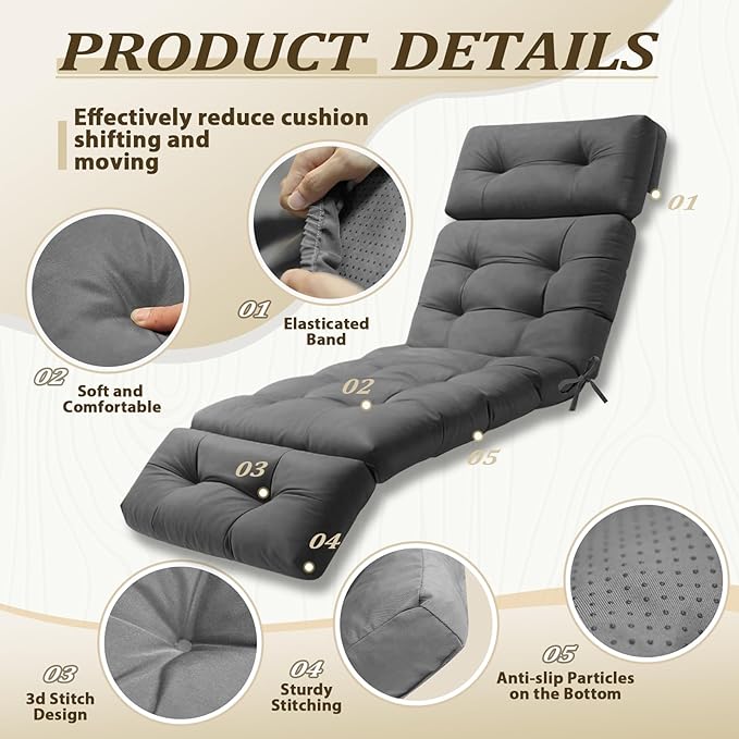 Outdoor Lounge Chair Cushions Waterproof Long Lounger Chair Cushion Chaise Chair Cushion with Ties, Patio Recliner Thickened Lounge Cushions for Indoor 74.4 x 22 x 4.7 Inches, Cushion Only(Grey)