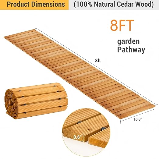 8FT Straight Wooden Garden Pathway Walkway Outdoor Roll Out Decorative Garden Non-Slip Patio Path Decorative Boardwalk Road Floor for Pool Backyard Wedding Party Beach (Warm Brown)