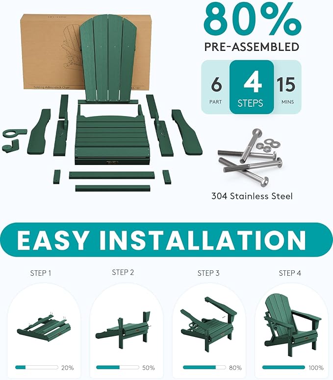 SERWALL Folding Adirondack Chair Painted Adirondack Chair Set of 8 Weather Resistant for Patio Deck Garden, Fire Pit & Lawn Furniture Porch - Green