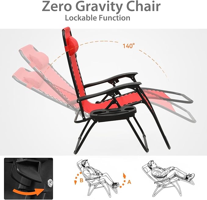 Zero Gravity Chairs, Portable Folding Reclining Lounge Chairs with Adjustable Pillow and Cup Holder Trays for Outdoor, Patio, Beach, Camping, Garden, Poolside, Sun Red