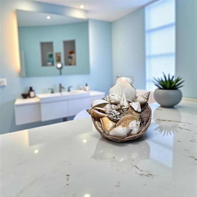 Seashell Basket Decor Set – 21 Natural SEA Shells in 3” Handwoven Basket + Free Decorative Stone Gift – Coastal Centerpiece for Beach Weddings, Baby Showers & Coastal Home Decor