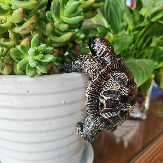 Vintage Bronze Climbing Tortoise Statue Flower Pot and Vase Hugger Figurines Terrarium Planter Edge Decor Resin Art Patio Lawn Yard Ornaments Outdoor Fence Decorations