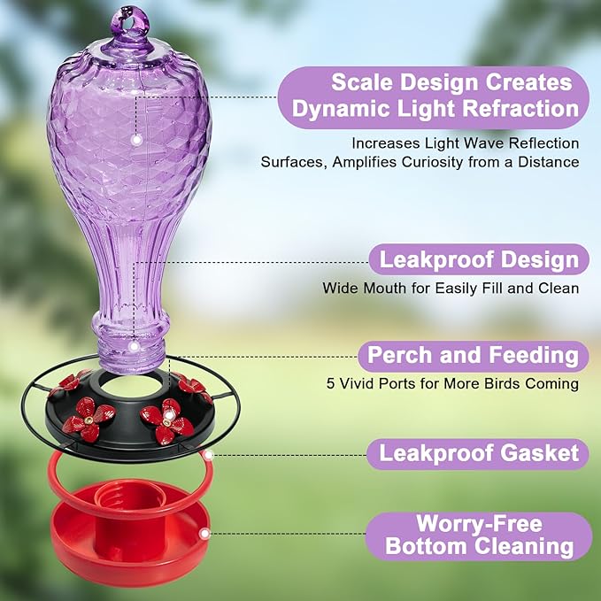 20 OZ Glass Hummingbird Feeders for Outdoors Hanging - Hand-Blown Vibrant Purple Reflective Fish-Scale Design - Attracts More Hummingbirds - Leak-Proof Silicone Seal & Ant Moat, Gift for Mom
