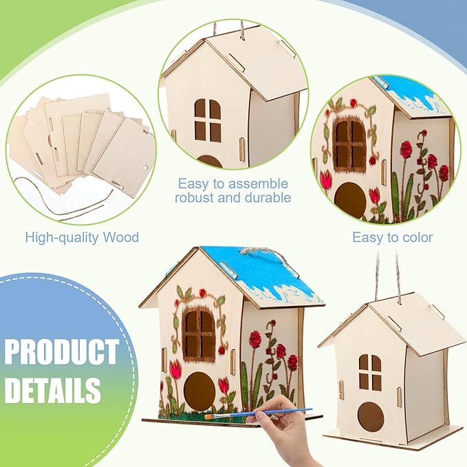 DoubleFill 12 Pcs Bulk Wooden Bird Houses Kits for Kids DIY Crafts and Arts Unfinished Wood Birdhouse to Paint Birthday Gifts for Valentines Crafts Class Parties, 4 Styles