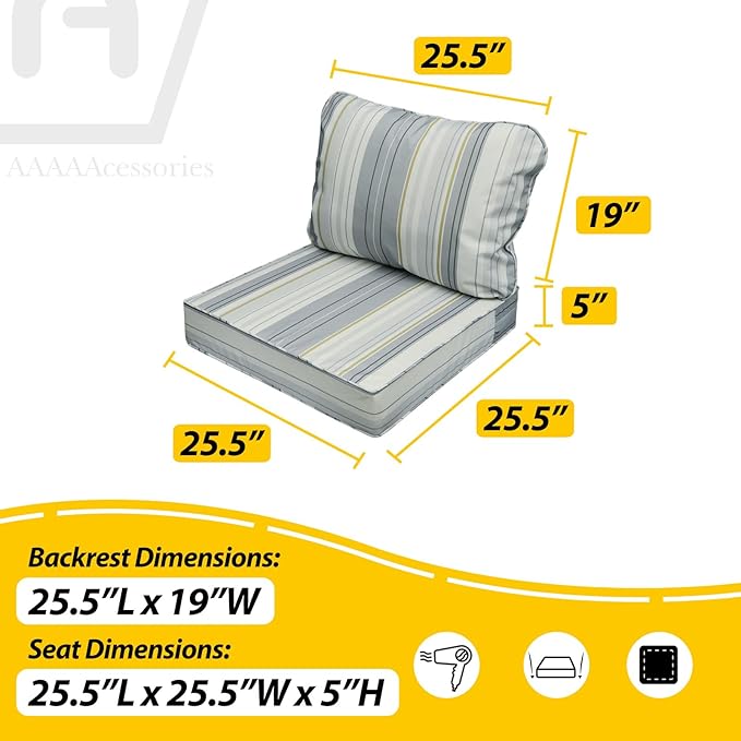 AAAAAcessories Outdoor Seat Cushions for Chairs, Fade-Resistant, Waterproof Patio Furniture Replacement Cushions, 25.5" x 25.5" x 5" + 25.5" x 19", Set of 4, Ash Blue Harbor Stripe