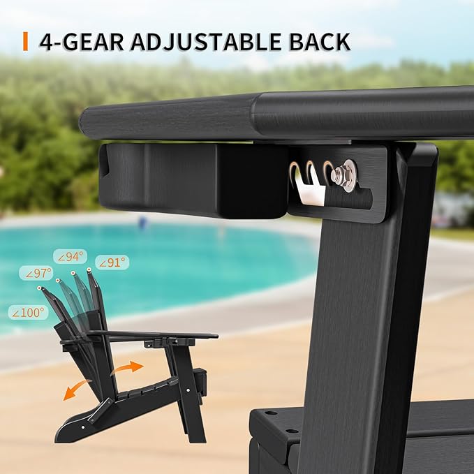 VINGLI Back-Adjustable Plastic Folding Adirondack Chairs Set of 4 with Retractable Footrest & 2-in-1 Cup Holders, Waterproof HDPE Outdoor Fire Pit Chairs for Patio, Pool, Capacity 400 LBS, Black