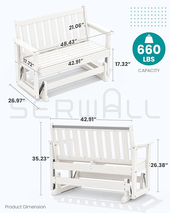 SERWALL Outdoor Glider Bench Set of 4, HDPE Weather-Resistant Swinging Bench for Backyard Garden Porch, White