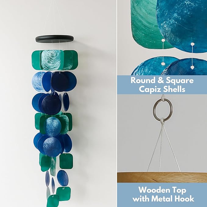 Solange & Frances Capiz Shell Wind Chimes for Outside - Elegant Wind Chimes for Home, Front Porch Decor or Patio Decor. Unique Valentines Day Gifts, Gifts for Mom and Gift for Men (Peacock)
