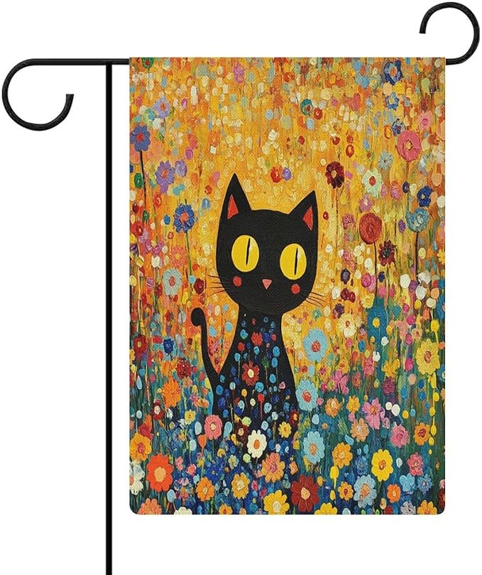Cute Black Cat in The Flower Garden Welcome Garden Flag 12×18 Inch Small Vertical Double Sided Wild Flowers Floral Leaf Botanical Plants Flag Farmhouse Flags Yard Holiday Decoration