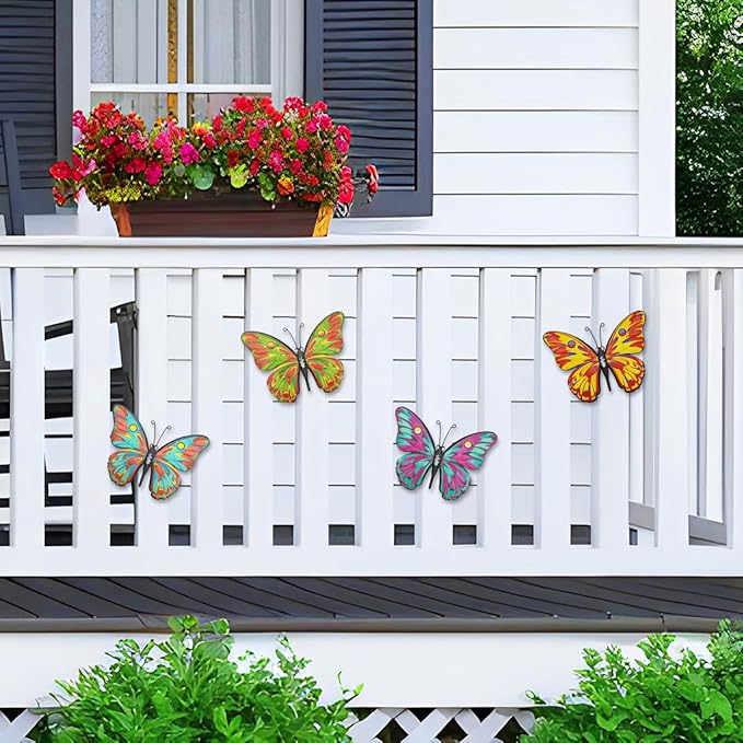 Daogtc Metal Butterfly Wall Decor - 9.6" Outdoor Fence Wall Art Decor, Hanging Decorations for Garden Yard Living Room Bedroom Patio Balcony,Gift for Family Friends(4 Pack)