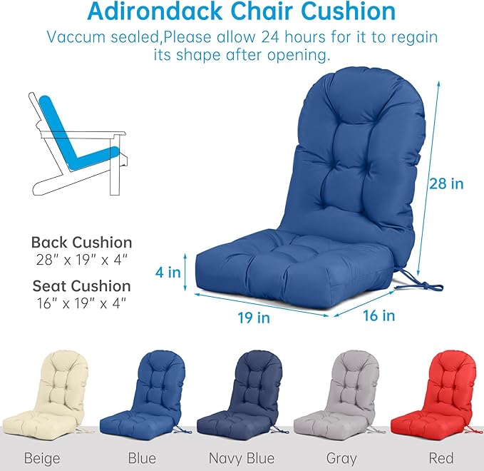 Adirondack Chair Cushion Tufted Waterproof Outdoor Rocking Chair Cushions with Ties Anti-Slip High Back Patio Chair Cushions for Patio Furniture Cushions