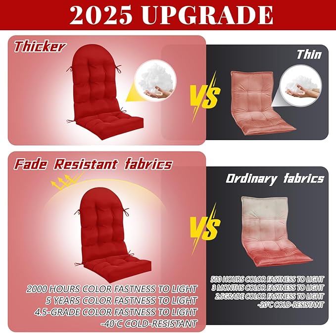 Geelin 4 Pcs Adirondack Chair Cushion High Back Patio Chair Cushion 44 x 19 x 4 Inch Tufted Weather Resistant Fade Resistant Seat Rocking Chair Cushion for Patio Rocking Chair Cushion Seat (Red)