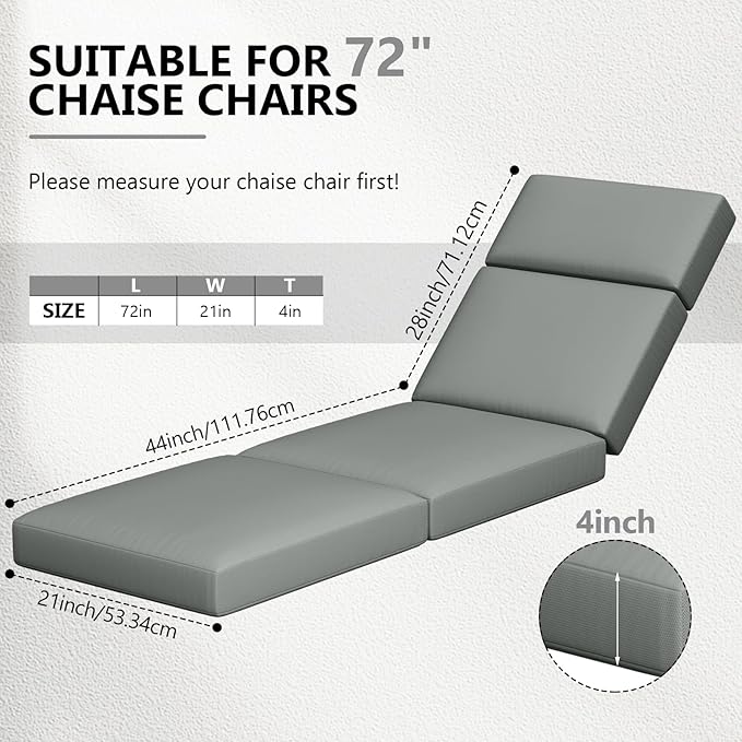 2 Pcs Chaise Lounge Cushions Outdoor, 72 x 21 x 4 Inch Lounge Chair Cushions for Outdoor Furniture - Waterproof Lounge Patio Replacement Cushion, 4In Fade-Resistant ThickPatio Chaise Lounge Cushion