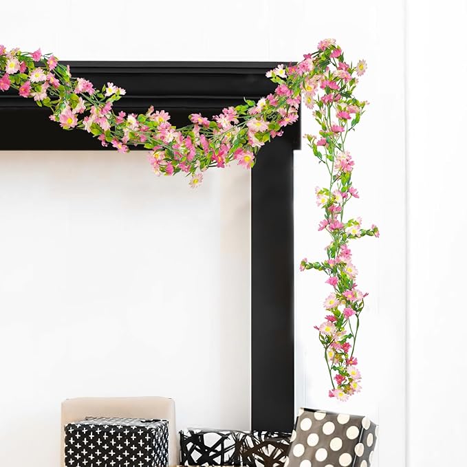 CISDUEO Artificial Daisy Flowers Vine Silk Wildflower Garland Spring Fake Flower Vine Hanging Ivy Pink Daisy Flowers Plastic Green Leaves for Mantle Wall Party Wedding Arch Floral Decor Indoor Outdoor