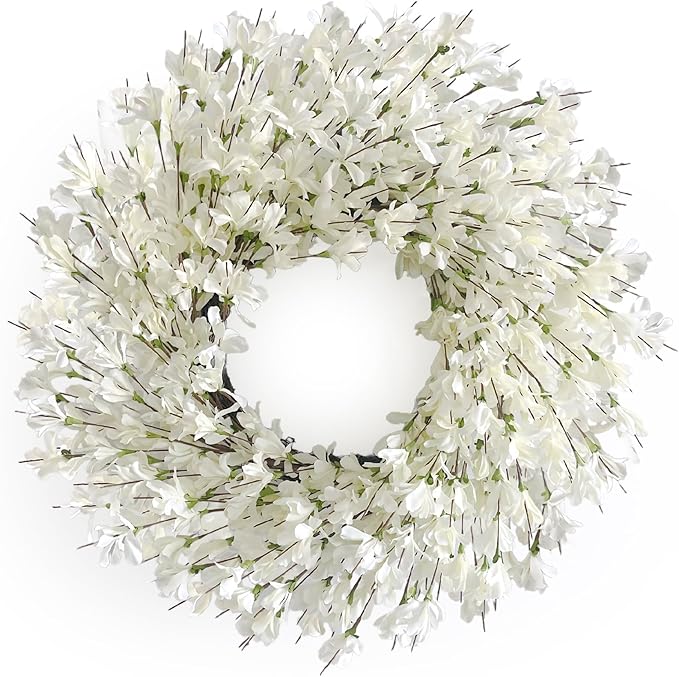 Spring Wreath for Front Door, 24 Inch White Cream Forsythia Spring Wreath Blossom Cluster Flower Farmhouse on Grapevine for Festival Celebration Front Door Wall Window Hanging Décor