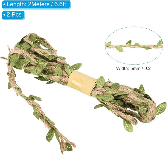 PATIKIL 6.6ft 5mm Burlap Leaf Ribbon, 2 Pack Braided Decoration Vine Natural Jute Rope Twine with Artificial Leaves for Jungle Wedding Party Home Garden Decor, Green