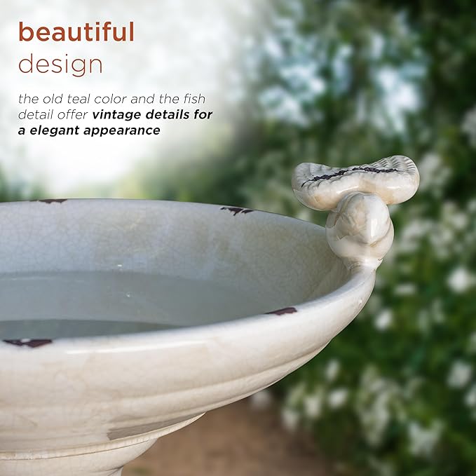 Alpine Corporation 25" Tall Outdoor Antique Ceramic Birdbath with 2 Bird Figurines - Vintage Style Garden Bird Bath Bowl for Patio, Yard, Lawn Decor, Light Brown