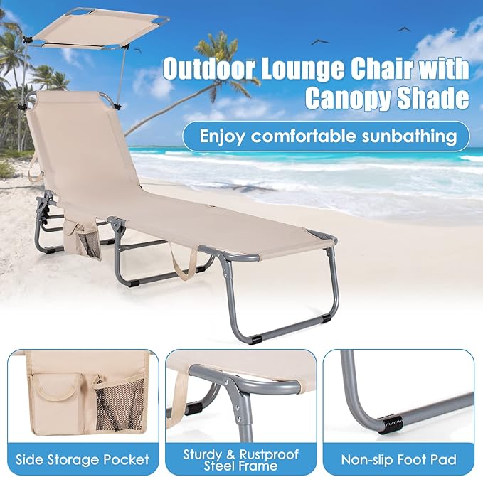 GYMAX Tanning Chair, Beach Lounge Chair with Canopy Sunshade, Carry Handle & Pocket, 5 Level Adjustable Layout Chaise Lounge for Outside, Folding Sunbath Chair for Outdoor, Patio, Poolside (2, Sand)