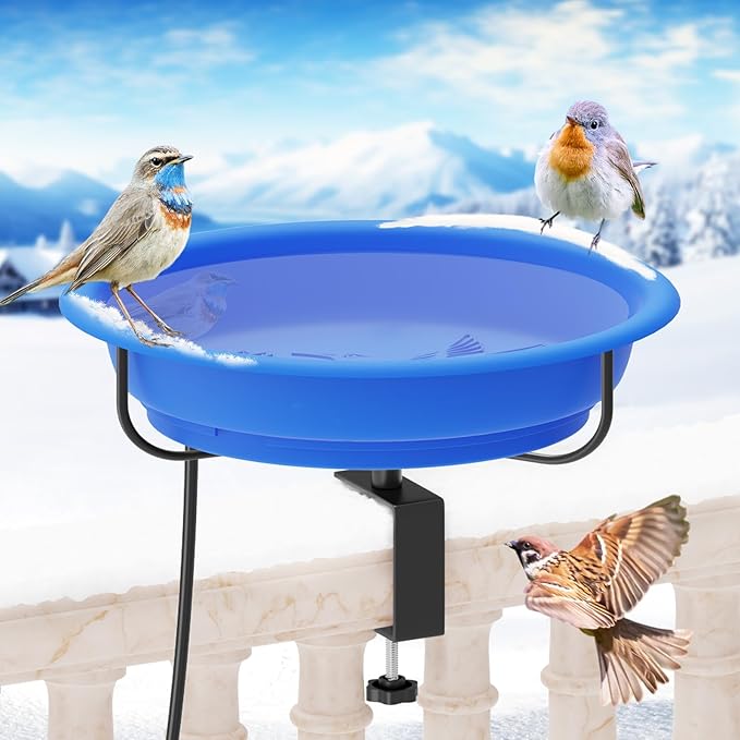 Heated Bird Baths for Outdoors Winter,100W Thermostatically Controlled Heated Bird Bath for Deck Railing Adjustable Metal Clamp Heated Birdbath for Outside Garden Patio Yard Lawn(Blue)