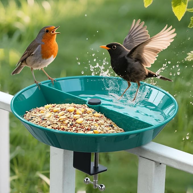 Deck Bird Bath for Outdoors,12" Bird Baths with Adjustable Sturdy Metal Clamp for Deck Railing Balcony Yard Garden Decoration,Lightweight, Detachable