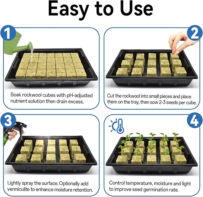 Halatool Seed Starter Kit, Reusable Plant Germination Trays with 28 Pcs Rockwool Cubes, Indoor Greenhouse Gemination for Hydroponic Cuttings Propagation Clone Gardening