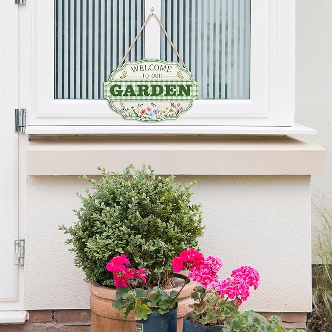 HOURIA 3D Welcome to Our Garden Wood Sign,(11.4”x8”) Gardening Yard Greenhouse Decor,Sage Green Gardening Sign, Flowers Butterfly Garden Decorations for Outside Indoor,Gardening Gifts
