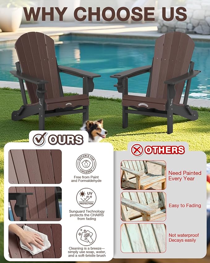 Folding Adirondack Chair –Recyclable HDPE Outdoor Adirondack Patio Chair with Cup Holder, Wood Texture & Umbrella Hole, 25-Year Fade-Free All Weather for Fire Pit, Porch, Poolside, Deck, Brown & Black