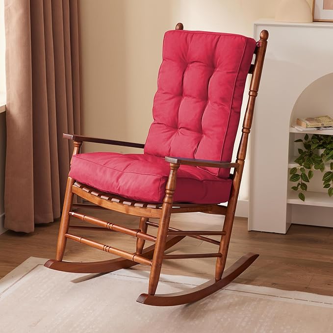 Rocking Chair Cushion, Waterproof and Fade-Resistant Patio Chair Cushions, Tufted Chair Pads for Rocker Furniture, 17x17 Inch, Indoor/Outdoor Seat Cushions with Ties, Burgundy
