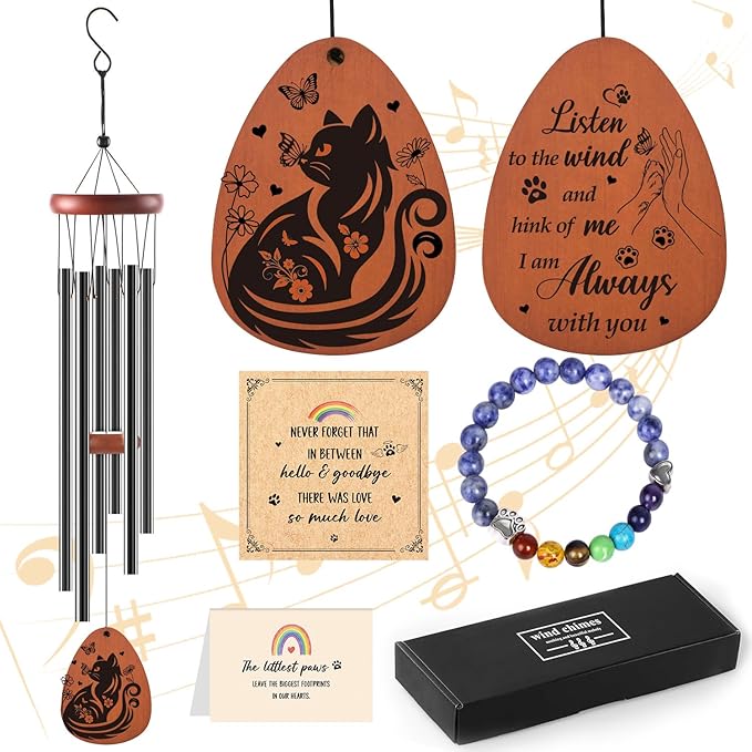 Memorial Gifts for Loss of Cat - Rainbow Bridge Pet Memorial Wind Chimes for Loss of Cats Pet Sympathy Remembrance Gift in Memory of Cat Wind Chimes for Outside Garden Patio Condolence