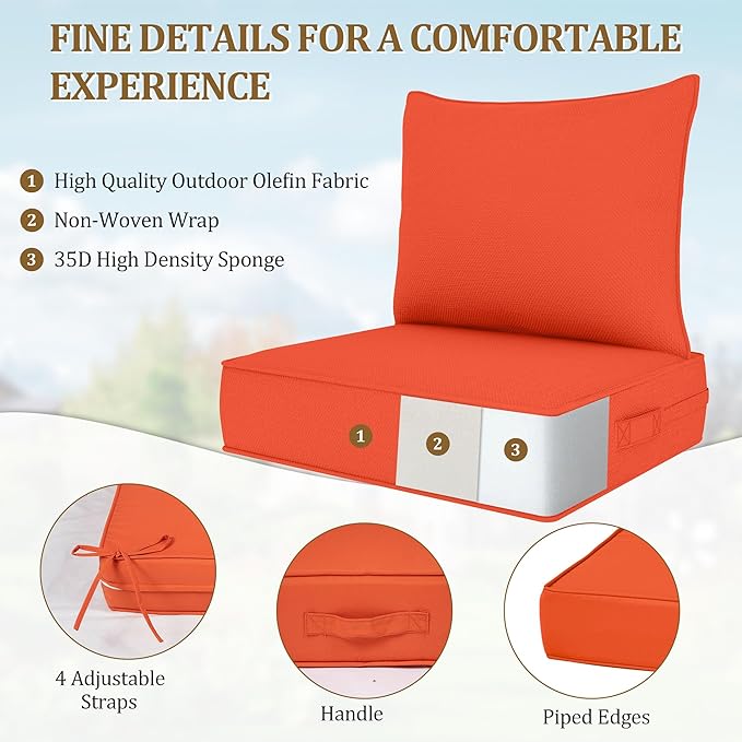 Outdoor Deep Seat Cushion Set, Fade Resistant Patio Chair Cushions, 24x24x6 Inch Patio Sofa Furniture Pad with Removable Cushion Covers (Orange, 24''Lx24''Wx6''H-1pcs Set)