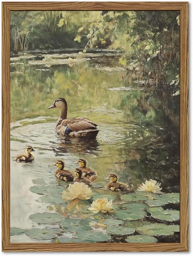 Framed Vintage Duck Canvas Wall Art, Rustic Farmhouse Animal Family Pictures Wall Decor, Country Nature Pond Paintings Prints Cottagecore Home Decor for Living Room Bedroom Bathroom 12x16 inch