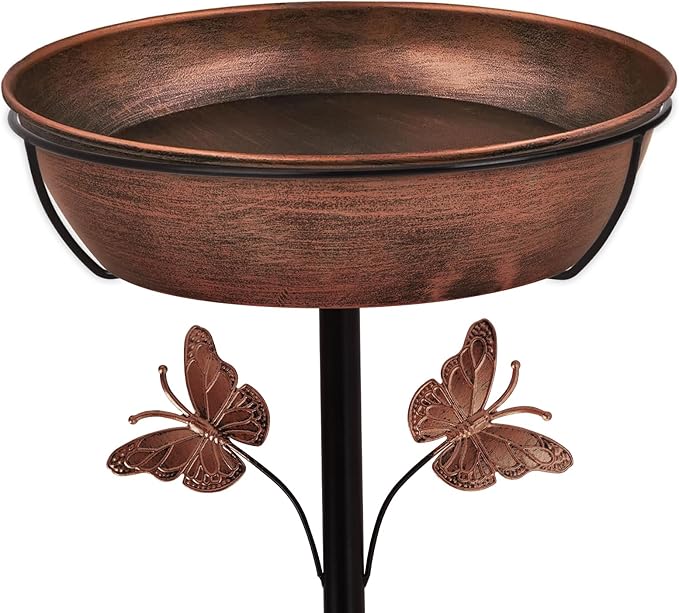 Metal Bird Bath Feeder for Outside – 3.14’’ Deep Birdbaths Bowl with Stable Stake & Upgraded 5-Pronged Base, 13’’ Dia Freestanding for Garden Yard Lawn Decor, 44’’ Tall Easy Clean 1.5 Gallon