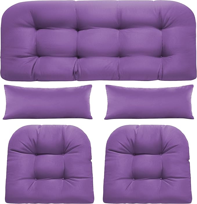 Wicker Chair Cushions of 5 Pieces, Waterproof Outdoor Loveseat Cushion for Wicker Furniture, 1 Love Seat Cushion, 2 U-Shape and 2 Lumbar Pillows for Patio Furniture (Purple)