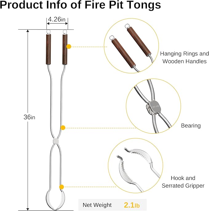 EAST OAK 2 in 1 Fire Pit Tongs and Hook 36'' Poker, Firepit Tools for Wood Fireplaces, Bonfires, Outdoor Fire Rings, Patio and Camping Accessories, with 13" Heat Resistant Gloves, 304 Stainless Steel