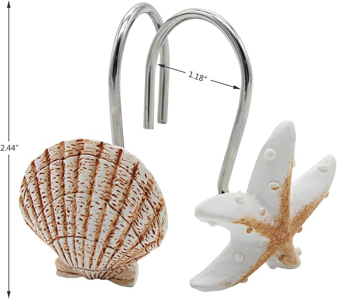 Seashell Shower Curtain Hooks,12PCS Anti Rust Decorative Resin Hooks for Bathroom, Baby Room, Bedroom, Living Room Decor (Light Brown Seashell)
