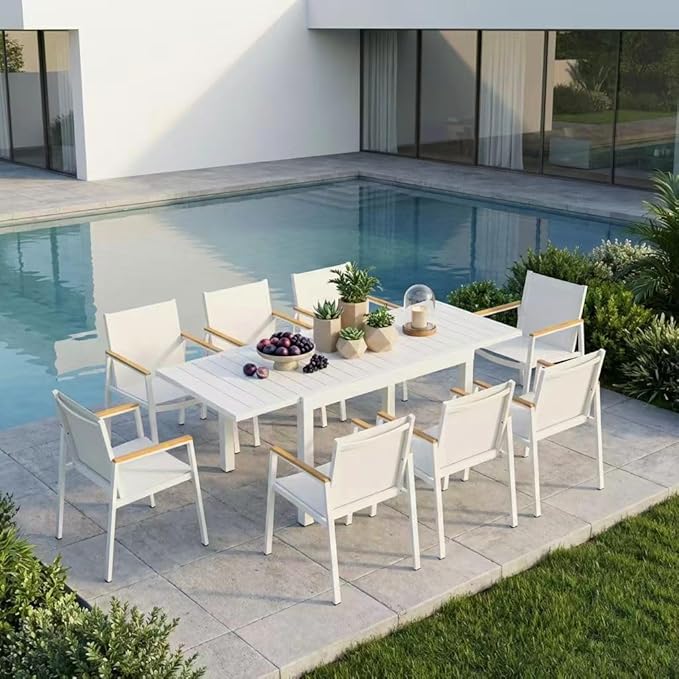 Expandable Outdoor Patio Dining Table Set for 6-8 Person, Aluminum Outdoor Table and 8 Chairs with Textilene Fabric & HDPS Armrest, All-Weather Patio Furniture Set for Yard, Garden, White