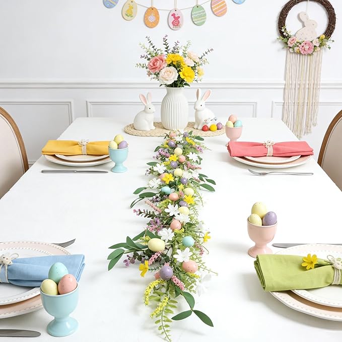 6.5 ft Easter Egg Flower Berry Garlands Decorations Spring Summer Floral Vine Garland Wreaths for Fireplace, Mantle, Table & Indoor Home Decor