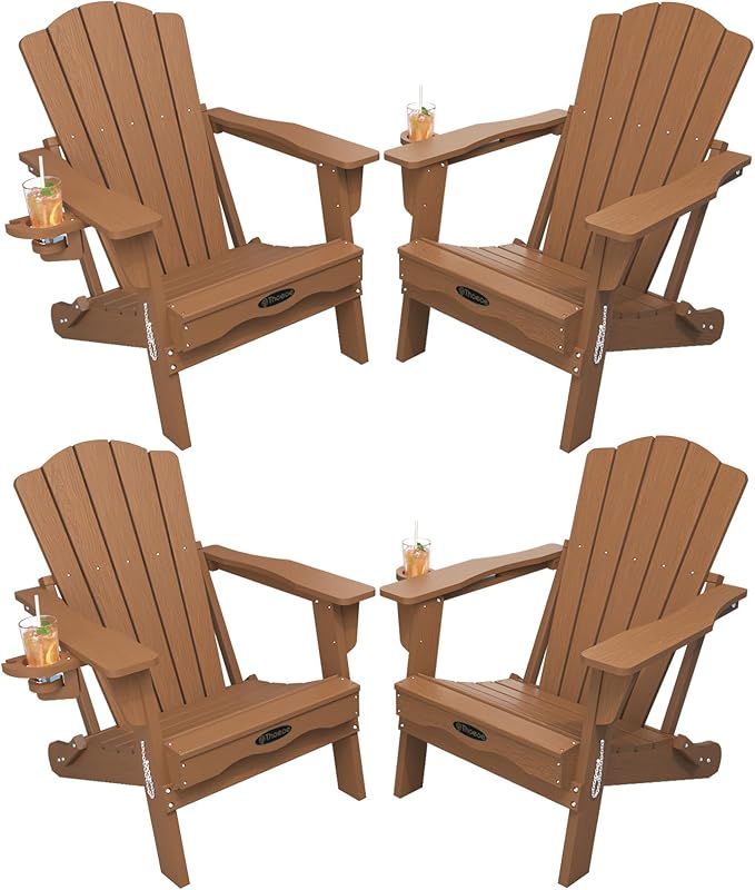 Folding Adirondack Chair Set of 4,HDPE All-Weather Outdoor Chair with Cup Holder,Wooden Textured,Fire Pit Chair,Plastic Patio Chair for Deck,Backyard,Garden,Lawn(Wood)