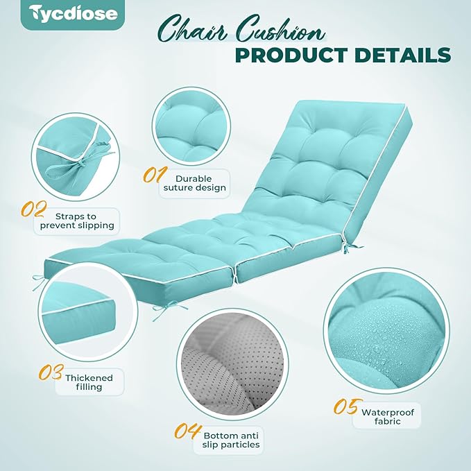 Outdoor Chaise Lounge Chair Cushion, Waterproof Non-Slip Patio Chaise Lounge Cushions for Outdoor Furniture, Thickened Patio Pool Lounger Chair Cushion, 76.4 x 22.8 x 4.7 Inches, Teal