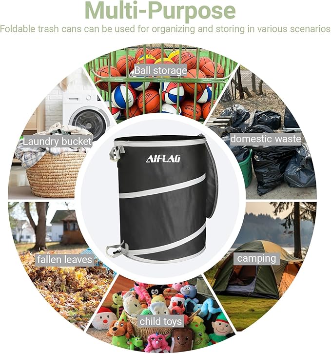 Collapsible Trash Can for Yard Waste & Camping, 42 Gallon Pop-Up Garbage Bag with Hard Bottom & Zipper Lid, Heavy Duty Reusable Outdoor Trash Can for Lawn Care, Garden, RV, Indoor Storage