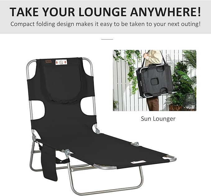 Outsunny Chaise Lounge Chair Outdoor with Face Arm Hole, 5-Position Reclining Face Down Tanning Chair with Carry Strap, Side Pocket, Portable Folding Bed Cot for Patio Beach Pool, Black