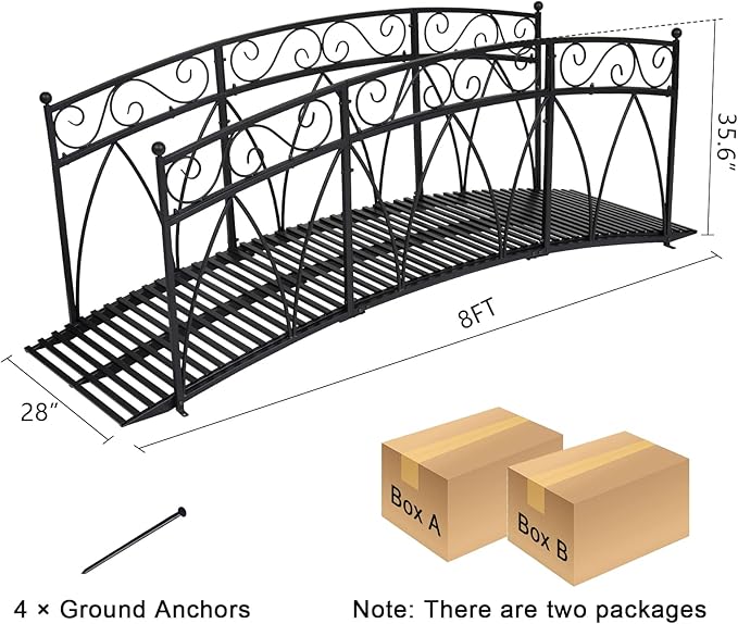 Kinlife 8 FT Metal Arch Garden Bridge – Heightened Patio Outdoor Bridge with Safety Guardrails, Decorative Landscaping Iron Footbridge for Backyard Creek Lawn Stream Fish Pond, Black