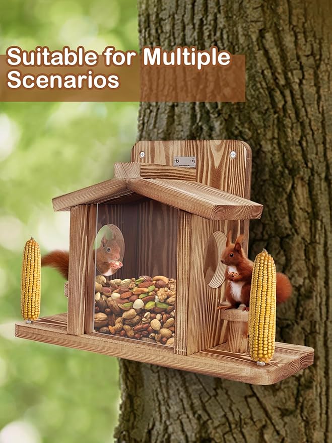 Squirrel Feeder for Outside, Durable Wooden Squirrel Feeder Platform, Funny Squirrel Houses Picnic Table, Squirrel Feeders for Outdoors Tree Peanuts Nuts Corn Cobs Holder Wooden Chipmunk Feeder Box