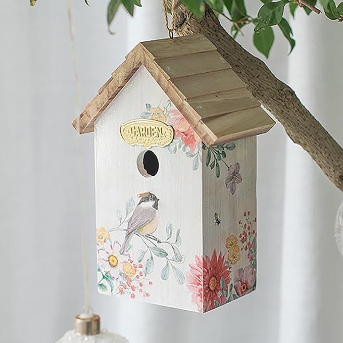 Wooden Humming Bird Houses for Outside Hanging Birdhouses for Outdoors Unique Bird Nest for Hummingbird, Bluebird, Wren, Chickadee, Sparrow, Decorative Garden Bird House for Bird Lover